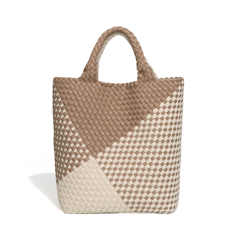 跨境新款手提编织女包工厂定制贴标拼色托特包个性潮流手拎子母包