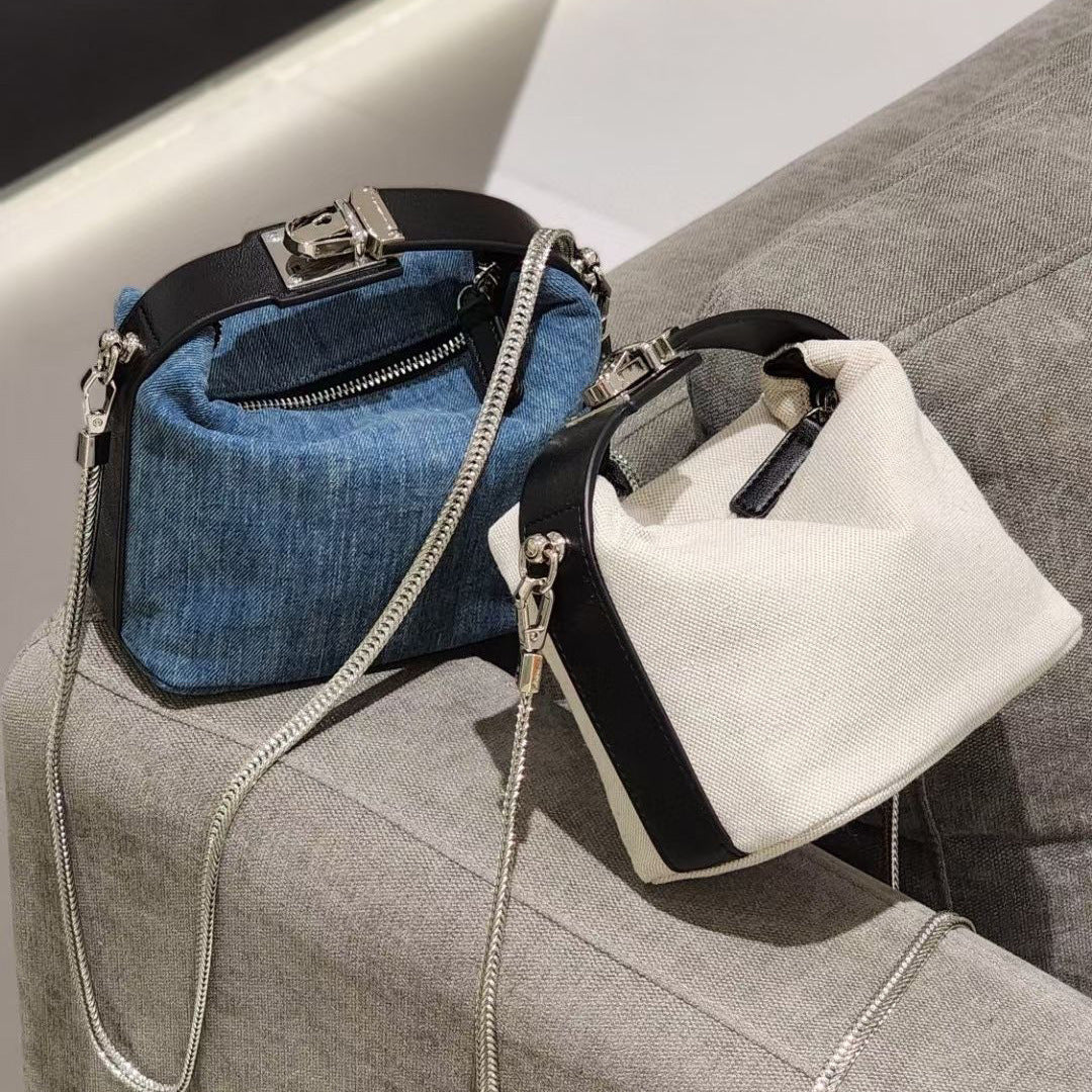 牛皮拼接牛仔布帆布手提饭盒包链条饺子包时尚百搭单肩斜挎小包女