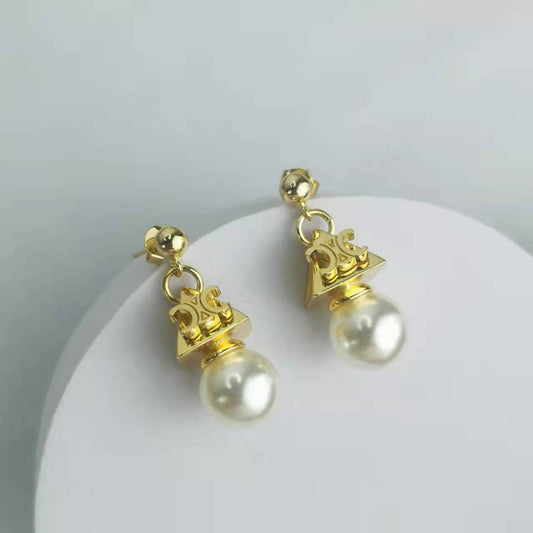 赛林家22新款三角宝塔凯旋门珍珠耳钉女气质光面镀金几何形耳环