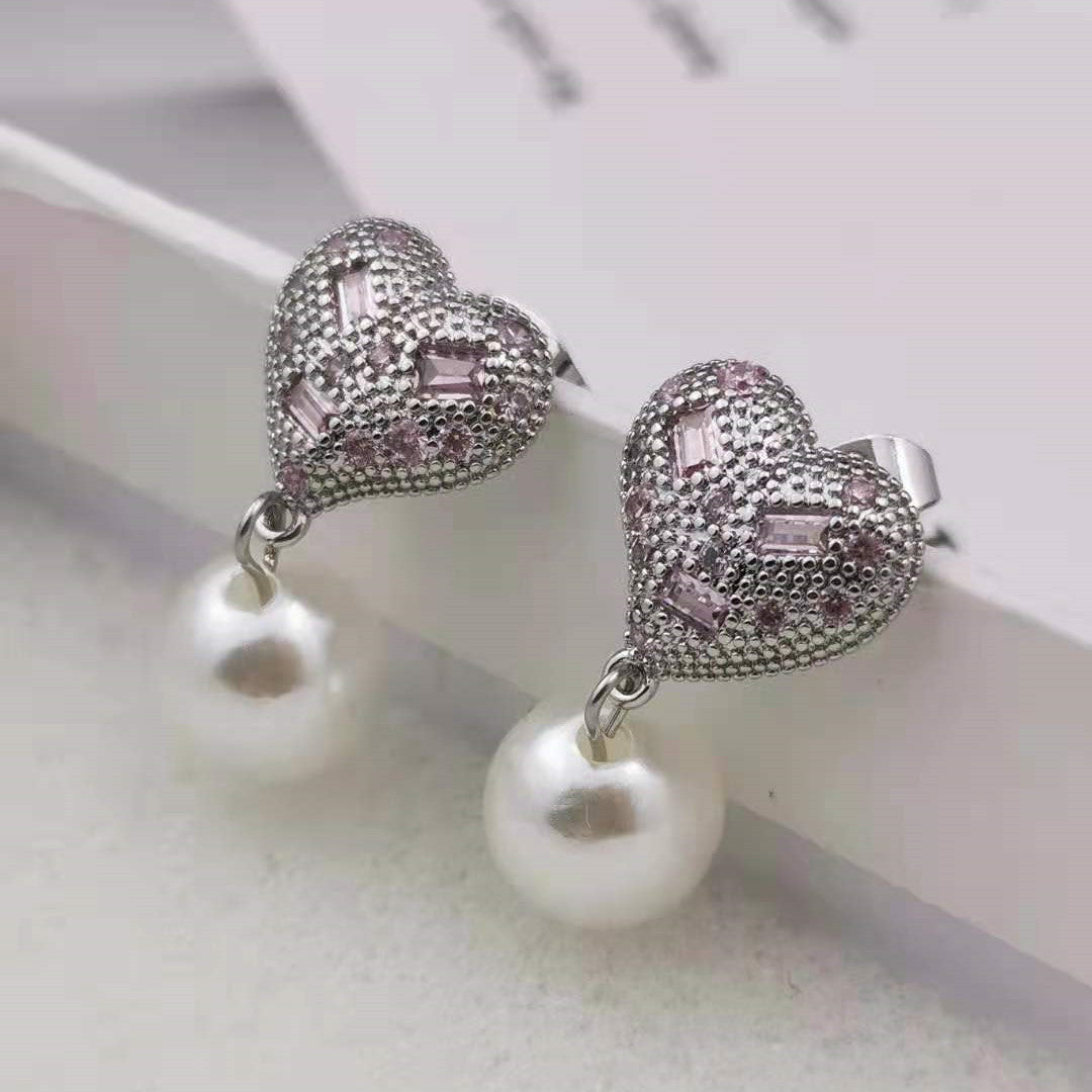 缪家21新款粉水晶心形珍珠耳环批发高级感气质几何形粉钻爱心耳钉