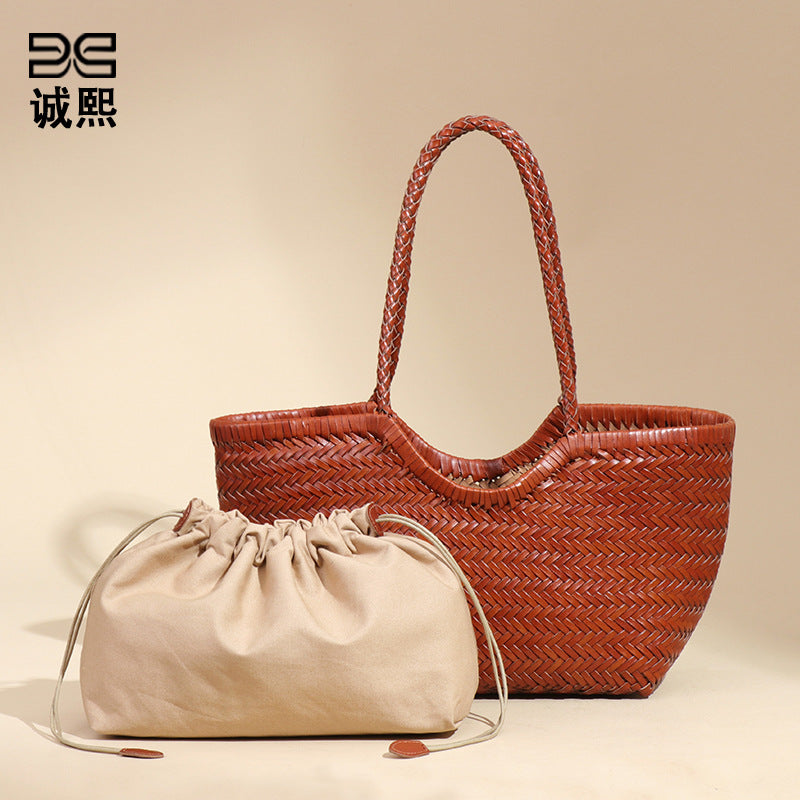 时尚不规格真皮编织菜篮子单肩腋下女包大容量通勤手提子母托特包