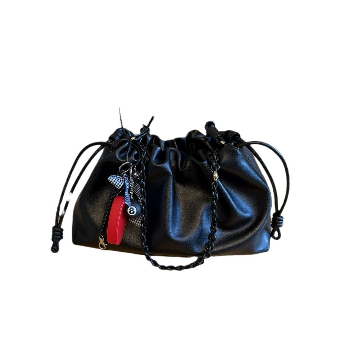 真皮云朵包2024新款时尚单肩包链条牛皮抽带包包斜挎包软皮手拿包