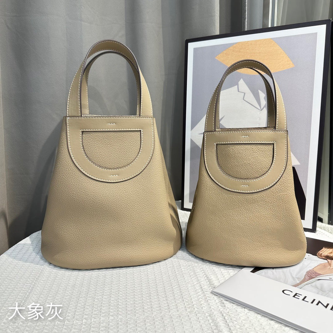 头层牛皮菜篮子手提包宽肩带包包女包高级简约百搭感单肩斜挎包