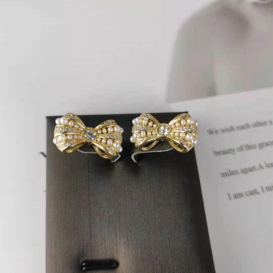 赛家新款满钻耳环精致小巧珍珠蝴蝶结耳钉甜美气质韩版INS耳饰