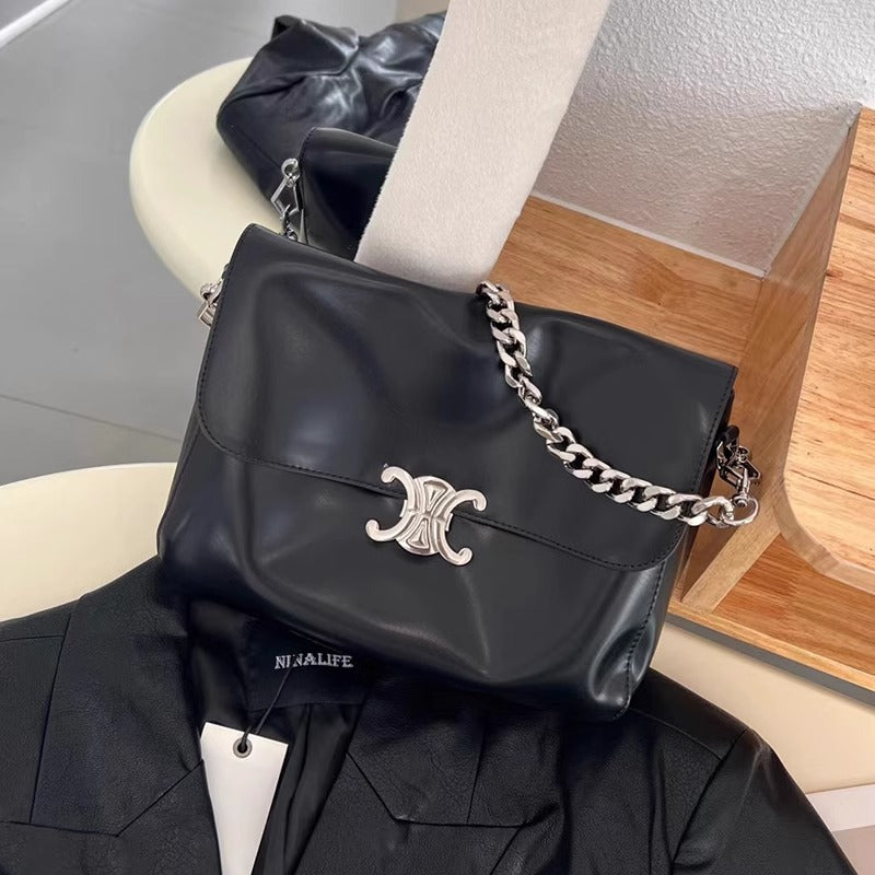 新款凯旋门软皮翻盖公文包单肩斜挎真皮子母包链条斜挎包无痕代发