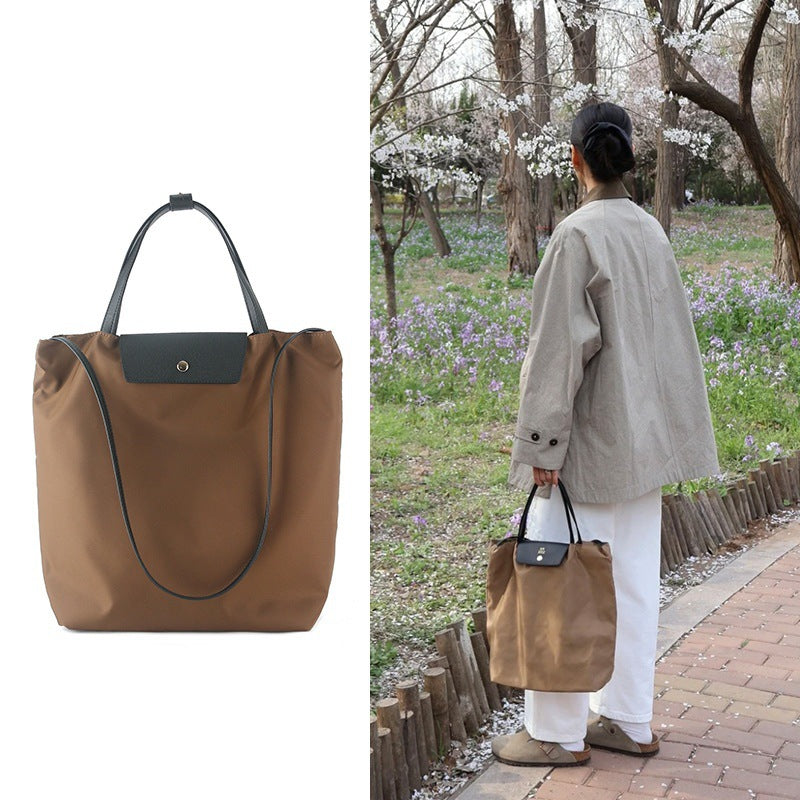 韩版简约大容量尼龙配真皮托特包手提包高级洋气百搭单肩斜跨包女