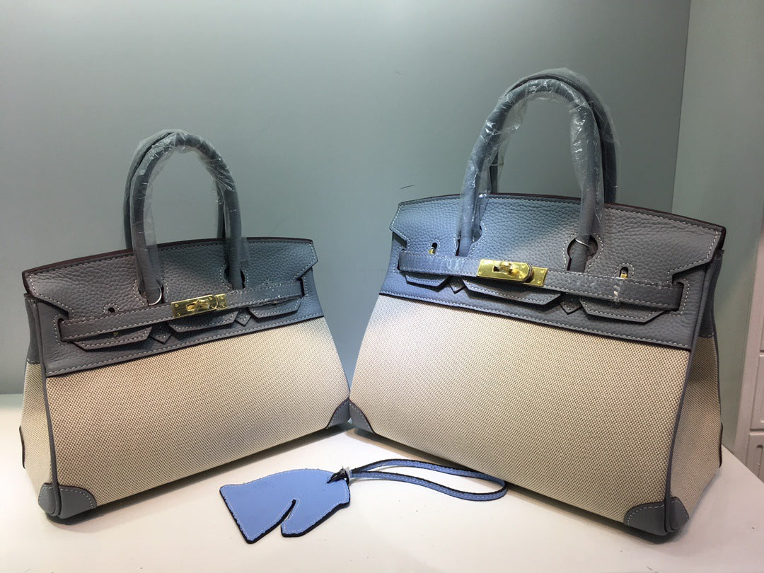 包包女2024新款潮手提包韩版时尚斜跨包女士牛皮配帆布铂金包包