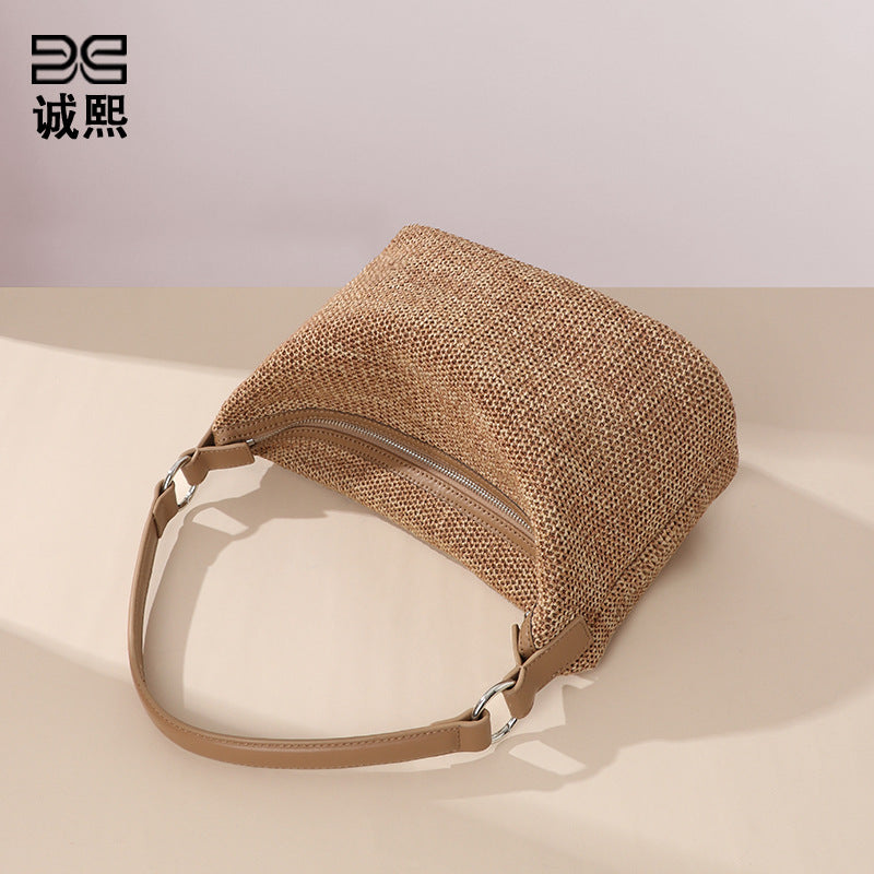 简约时尚拉菲草手提饭盒包清新百搭编织女包通勤大容量单肩腋下包