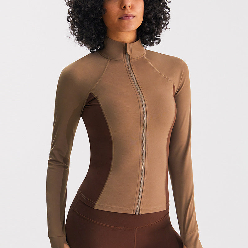 磨毛瑜伽服外套女显瘦修身拼色健身立领上衣户外跑步裸感运动长袖