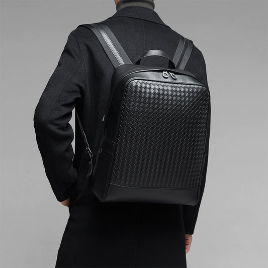 X&BV真皮双肩包男商务背包编织时尚学生书包电脑包男士出差旅行包