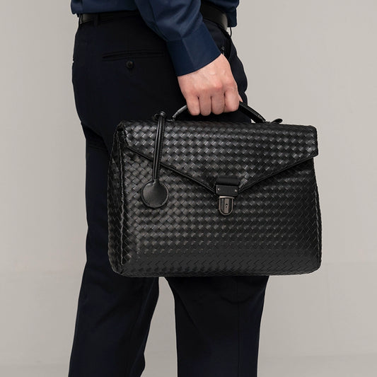 x&bv公文包男真皮商务手提包翻盖横款手拎包休闲编织男包电脑包大