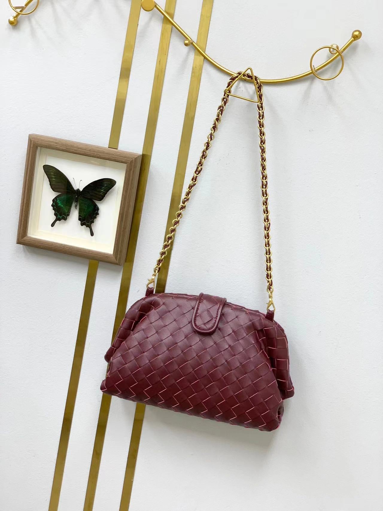 新款链条编织云朵包牛皮单肩腋下手拿包夹子包真皮女包潮流时尚单