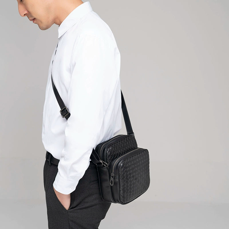 X&BV男包单肩包真皮休闲商务编织潮男时尚小背包迷你斜挎包男竖款
