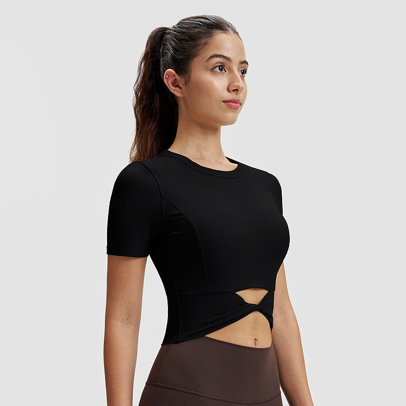 修身瑜伽T恤女lulu短款下摆扭结短袖高弹力露脐运动衫健身服上衣