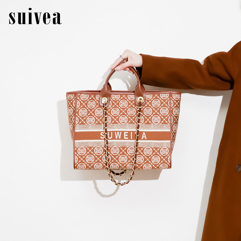 跨境女大容量手提包2023新款字母简约托特包复古棉麻休闲腋下包