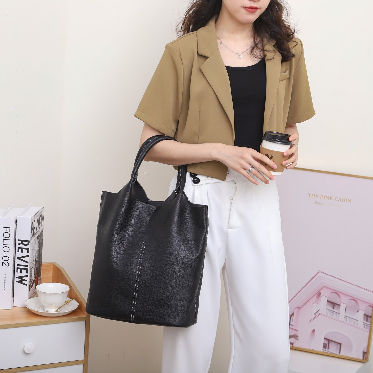 ins简约日系大容量休闲托特包头层牛皮单肩手提腋下大包一件代发