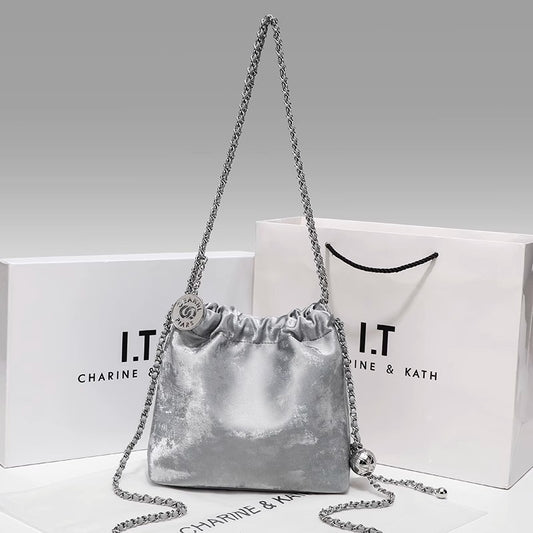 新中式绸牛皮垃圾袋链条包包女包2024新款大容量单肩包斜跨水桶包