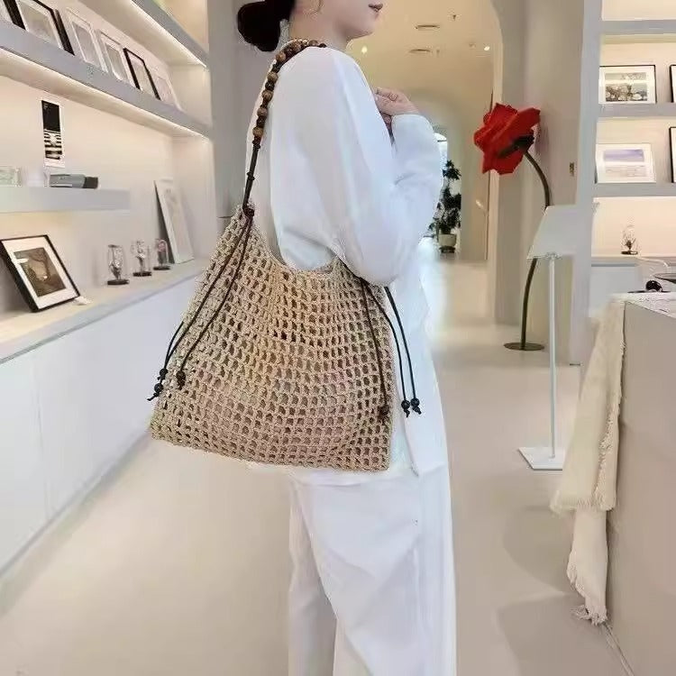 夏天沙滩包拉菲草编织包串珠复古腋下包大容量购物包单肩托特包女