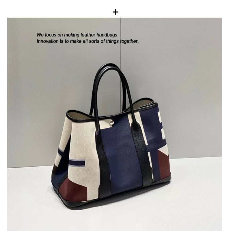 36寸涂鸦彩绘帆布拼接牛皮花园包2024新款大容量托特包单肩手提