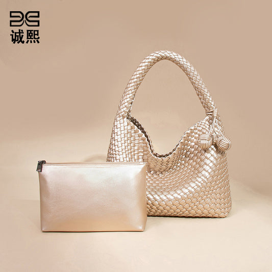 欧美新款手工编织包包个性手提子母包小众单肩腋下包休闲托特包女