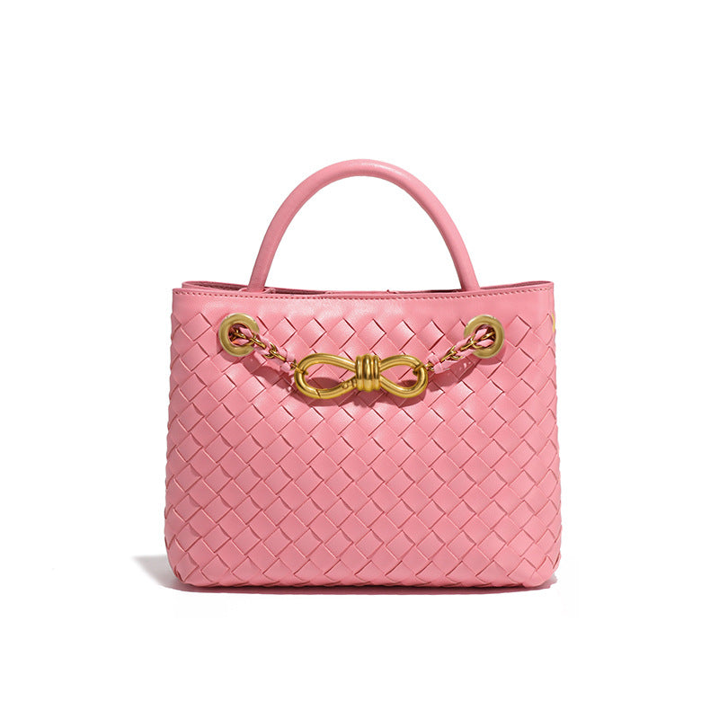 纯色百搭新款手工编织女包时尚通勤手提包链接单肩斜挎托特小方包