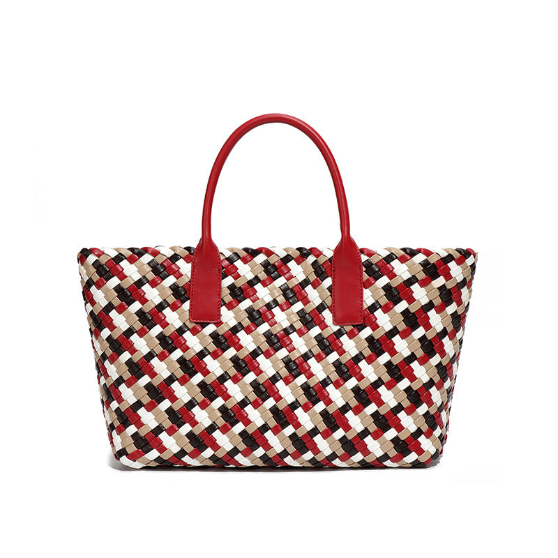 时尚欧美潮流彩色手工编织包大容量托特包手提女包个性百搭子母包