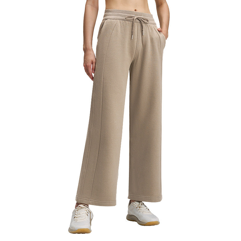 秋冬加绒阔腿长裤直筒瑜伽裤抽绳垂感中腰运动裤宽松休闲卫裤29"