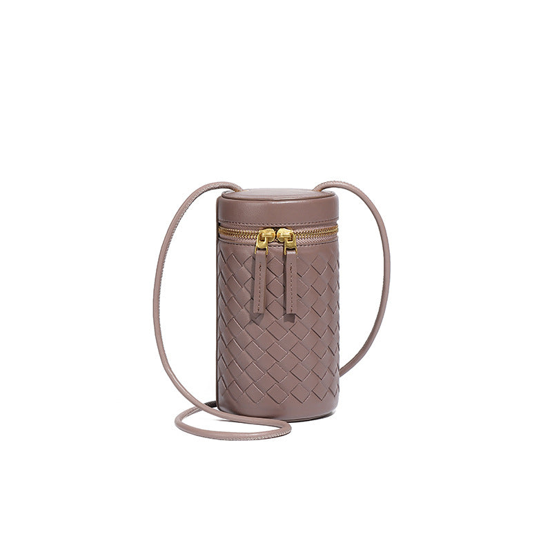 时尚简约纯色圆筒包新款百搭手工编织包包迷你可爱单肩斜挎手机包