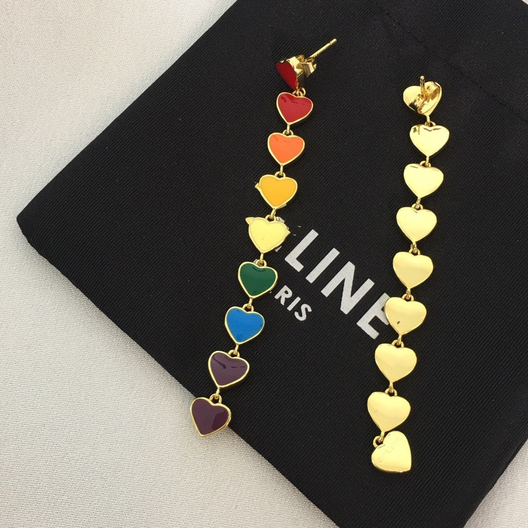 赛林新款桃心耳钉彩虹糖果色红色金珐琅耳坠滴釉渐变爱心气质耳环
