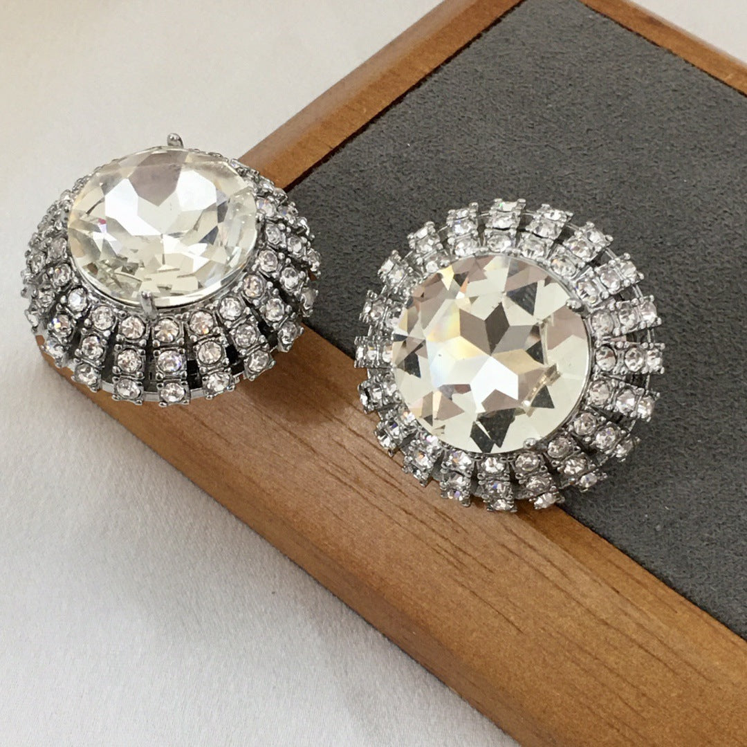 缪家新款满钻圆形耳钉夹女高级感个性气质欧美风K9水钻大耳环