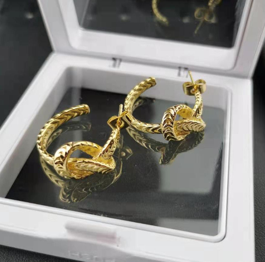 赛家新款耳钉麻花几何金色复古简约时尚耳饰麻花编织打结耳环女