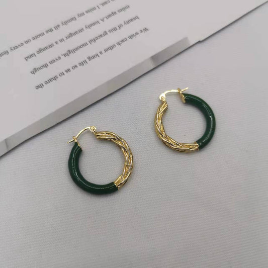 赛家21新款绿色几何形圆形耳环女珐琅编织耳圈高级感气质拼色耳扣