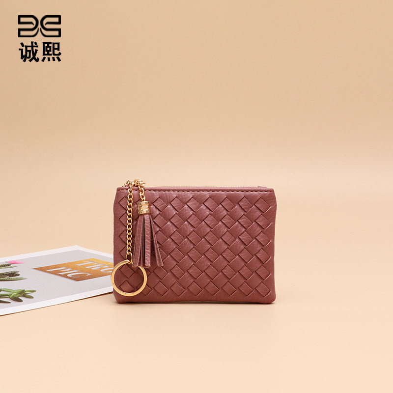 批发定制编织银币零钱包小巧轻便百搭卡包钥匙扣流苏拉链短款钱包