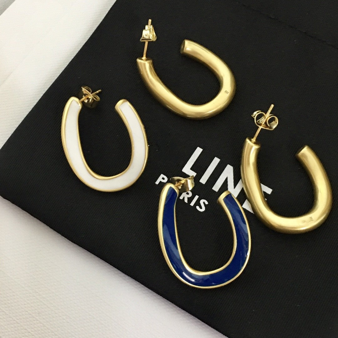 赛家21新款不规则U形耳钉女高级感气质CELI风铜镀金珐琅滴油耳环