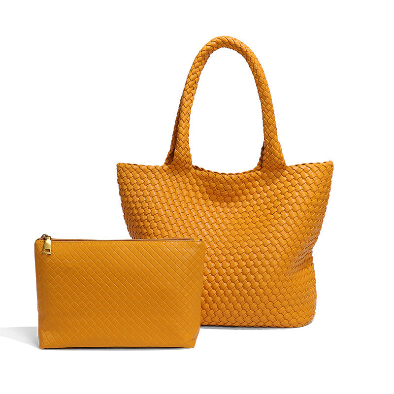 欧美复古大容量通勤手提包时尚简约手工编织包软皮百搭单肩子母包