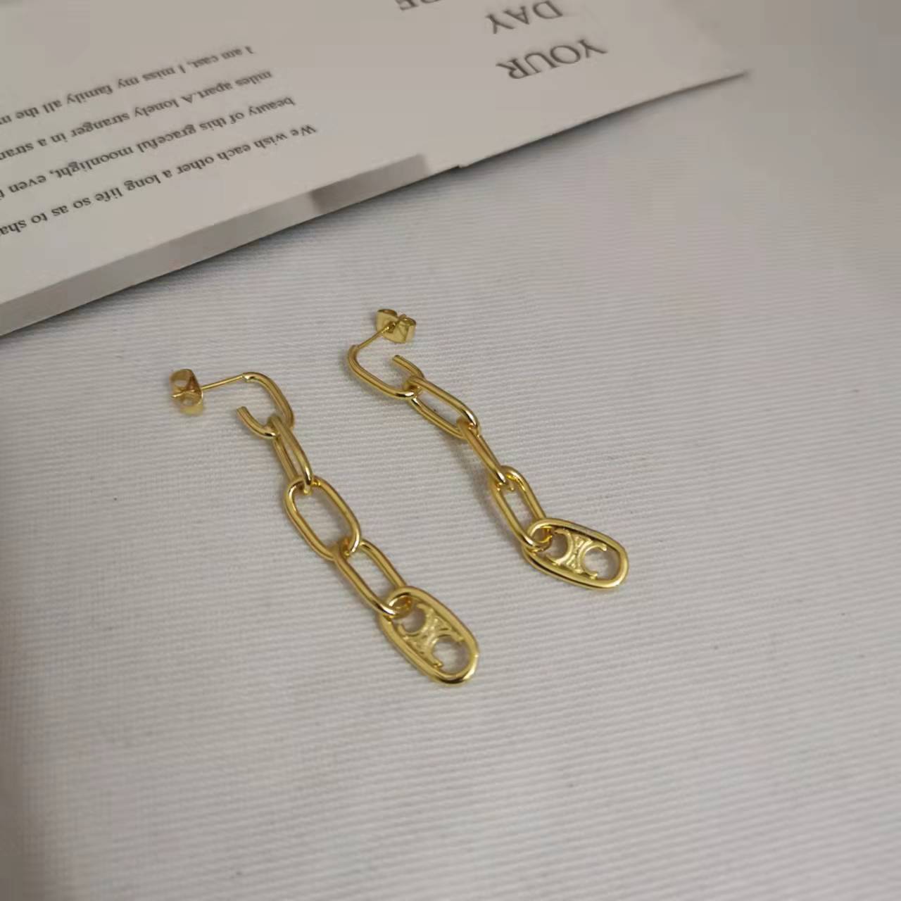 赛家21新款长款链条凯旋门耳钉女高级感气质光面几何形镀金耳环