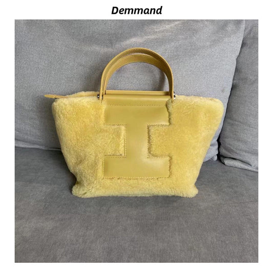 包包女2023秋冬新品网红撞色复古牛皮羊毛大容量托特包单肩斜挎包