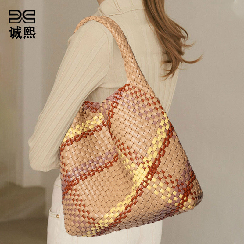 韩版女跨境单肩托特包通勤百搭腋下包大容量手拎包撞色时尚子母包