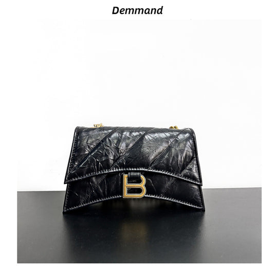 高级感头层牛皮沙漏包2023春夏新款褶皱菱格链条包单肩斜挎包女