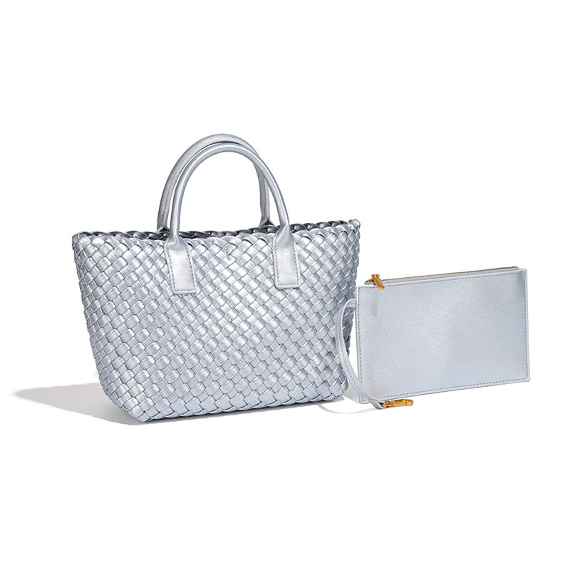 跨境2025新款撞色女士手提包时尚潮流手工编织包高级感单肩斜跨包