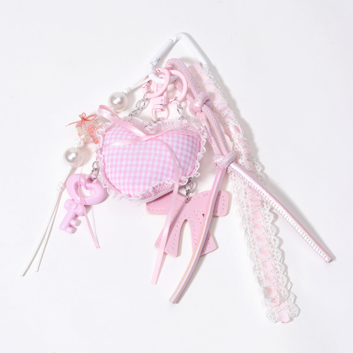 粉色甜美花边爱心PU皮革蝴蝶结串珠包挂钥匙链钥匙扣包包挂件现货