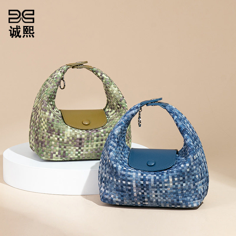 潮流新款拼接手拎饭盒包时尚手工编织女包休闲百搭小众单肩斜跨包