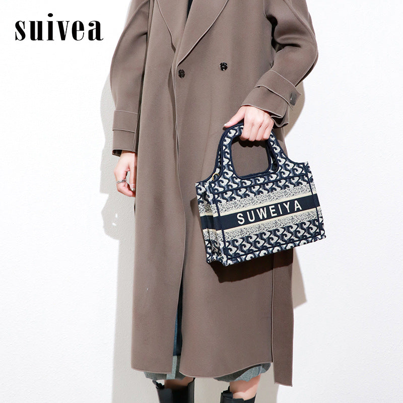 包包2025秋冬新款时尚欧美刺绣棉麻购物袋迷你手提包单肩斜挎女包