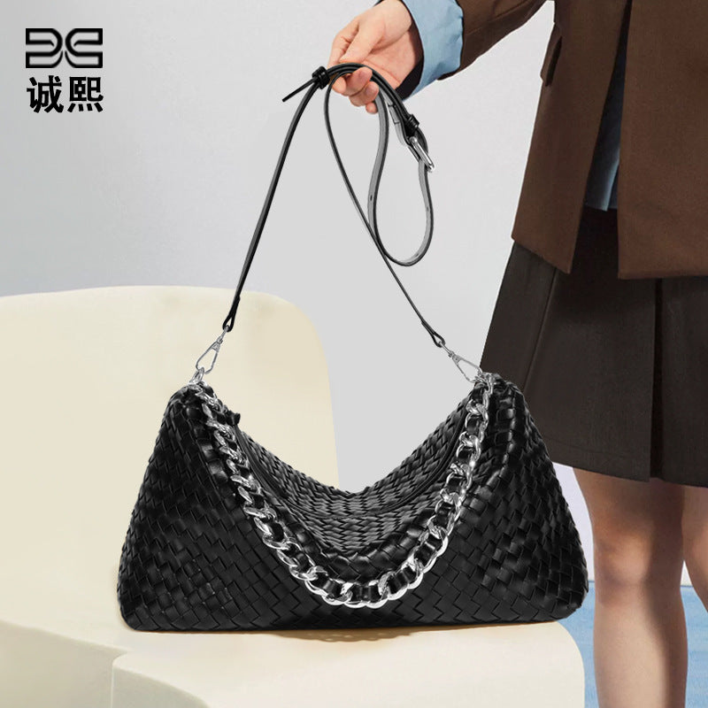 时尚简约单肩斜跨包高级感百搭手提腋下包通勤大容量手工编织包包