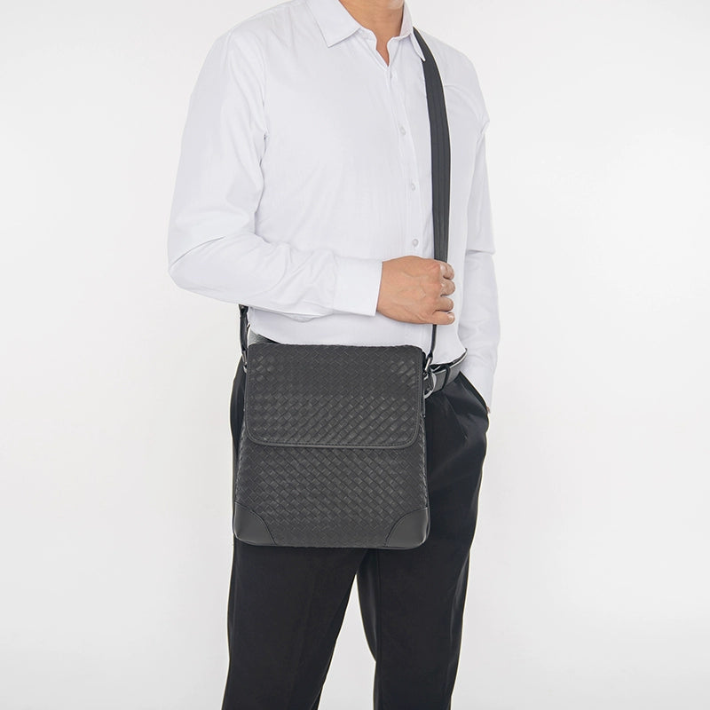 X&BV真皮男包单肩包编织翻盖竖款青年男士斜挎包包商务休闲小背包