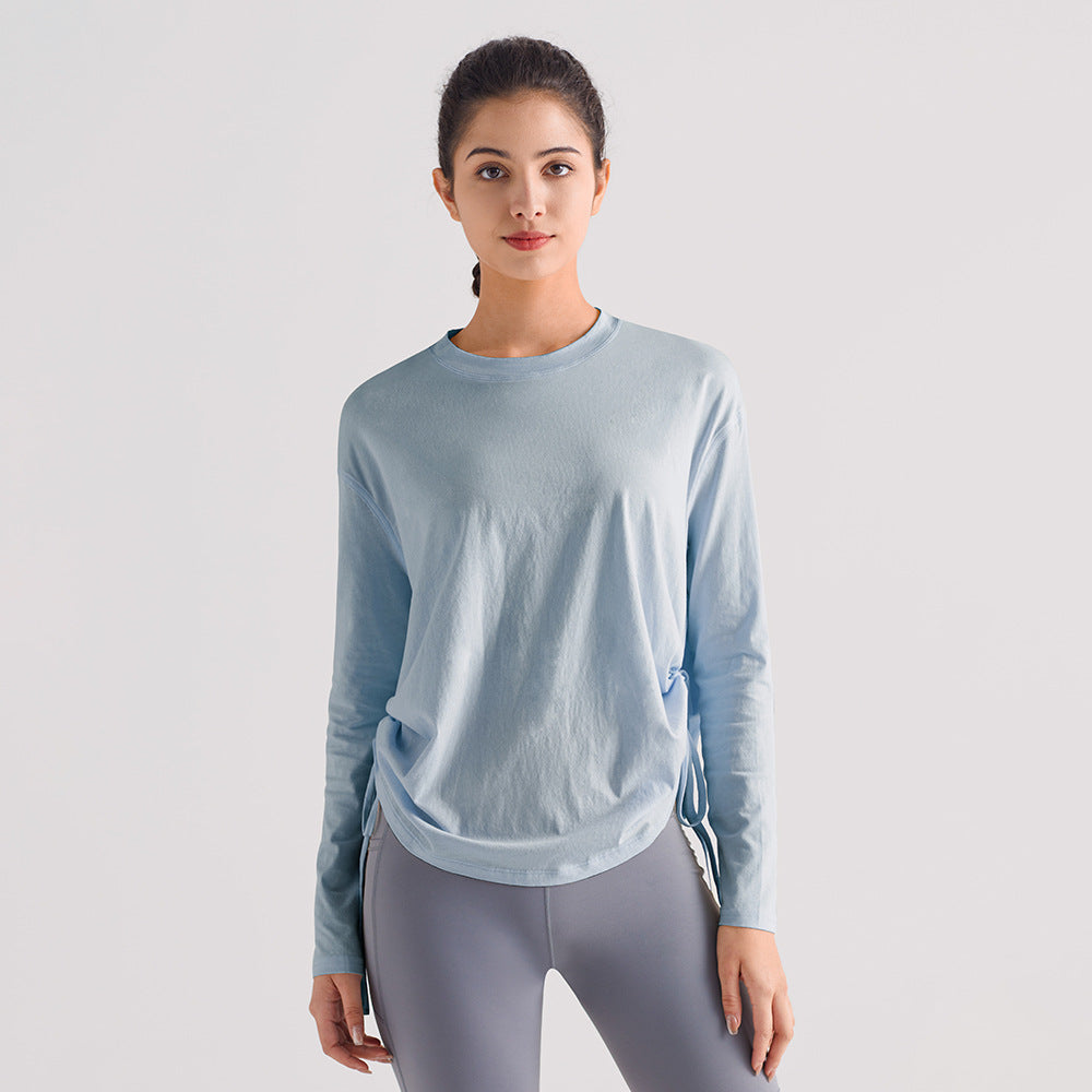 宽松抽绳运动上衣女透气速干健身T恤防晒跑步瑜伽服长袖休闲罩衫
