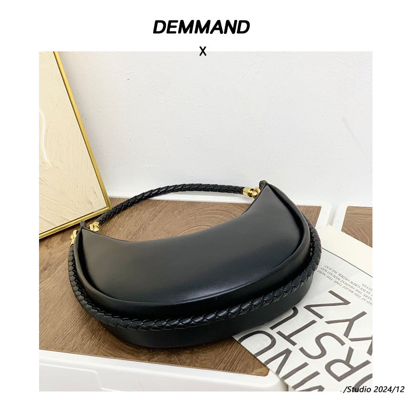 跨境爆款2025新款真皮编织手拎包时尚通勤新月包单肩斜挎半月包