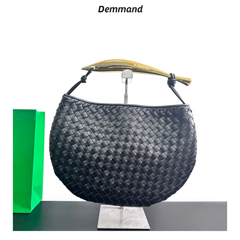 物著设计大金属手把编织饺子包2023手拎包真皮手提包宽肩带水桶