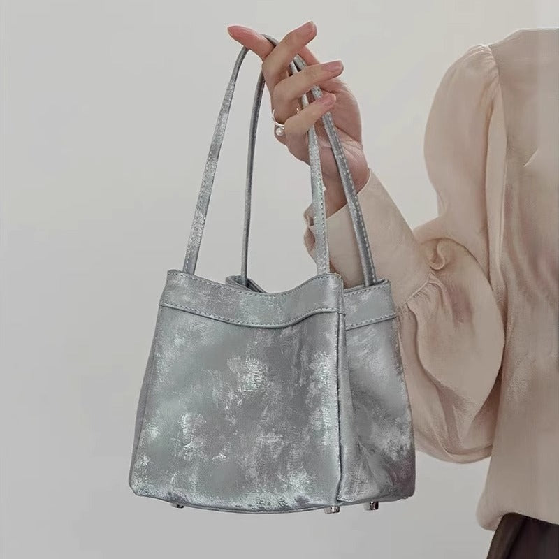 新中式国风晕染菜篮子包牛皮绸缎锦囊包手提包女单肩斜挎包水桶包