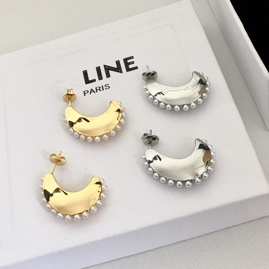 赛林家23新款月亮形耳钉女高级感气质光面CEL风黄铜镀金珍珠耳环